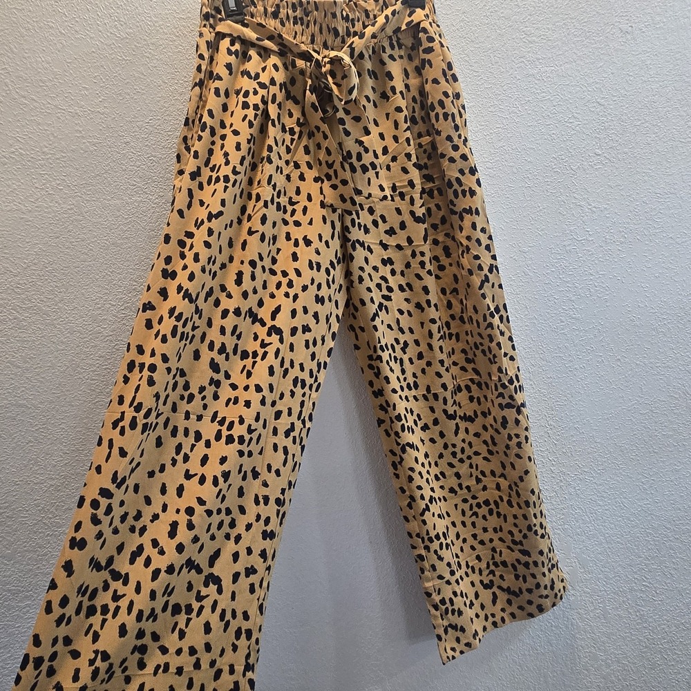 Hey Moments Womens Leopard Print Pants Large Tan Black Wide Leg Elastic Waist...